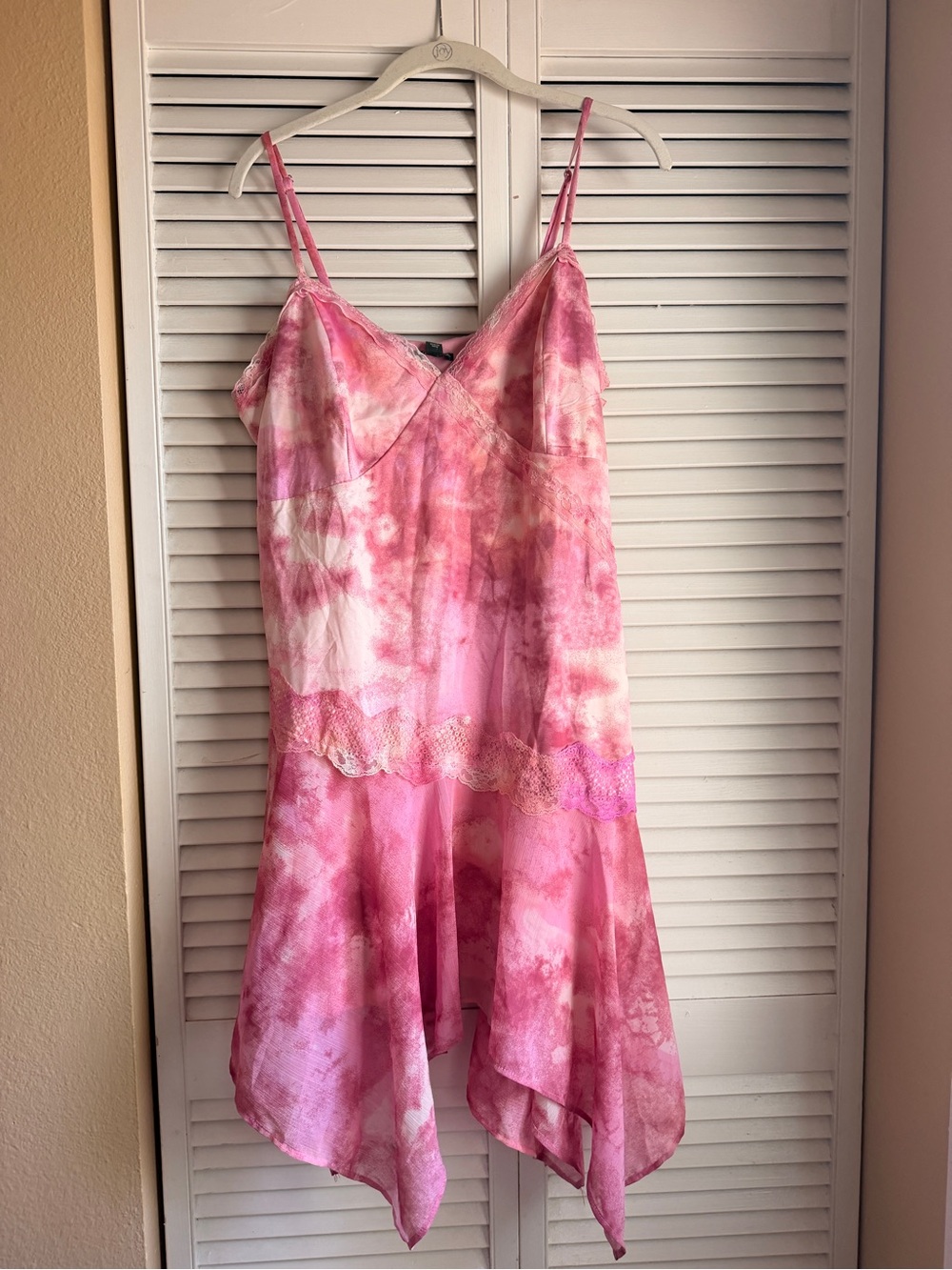 Pink Y2K Tie-Dye Slip Dress with Lace Trim